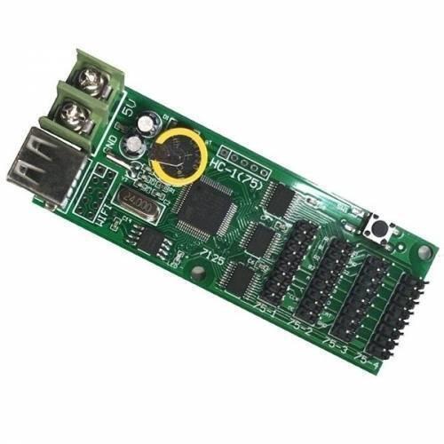 USB Full Color LED Display Controller Hc-1 - a green rectangular circuit board featuring a USB port, a screw terminal, a button, and four output headers.