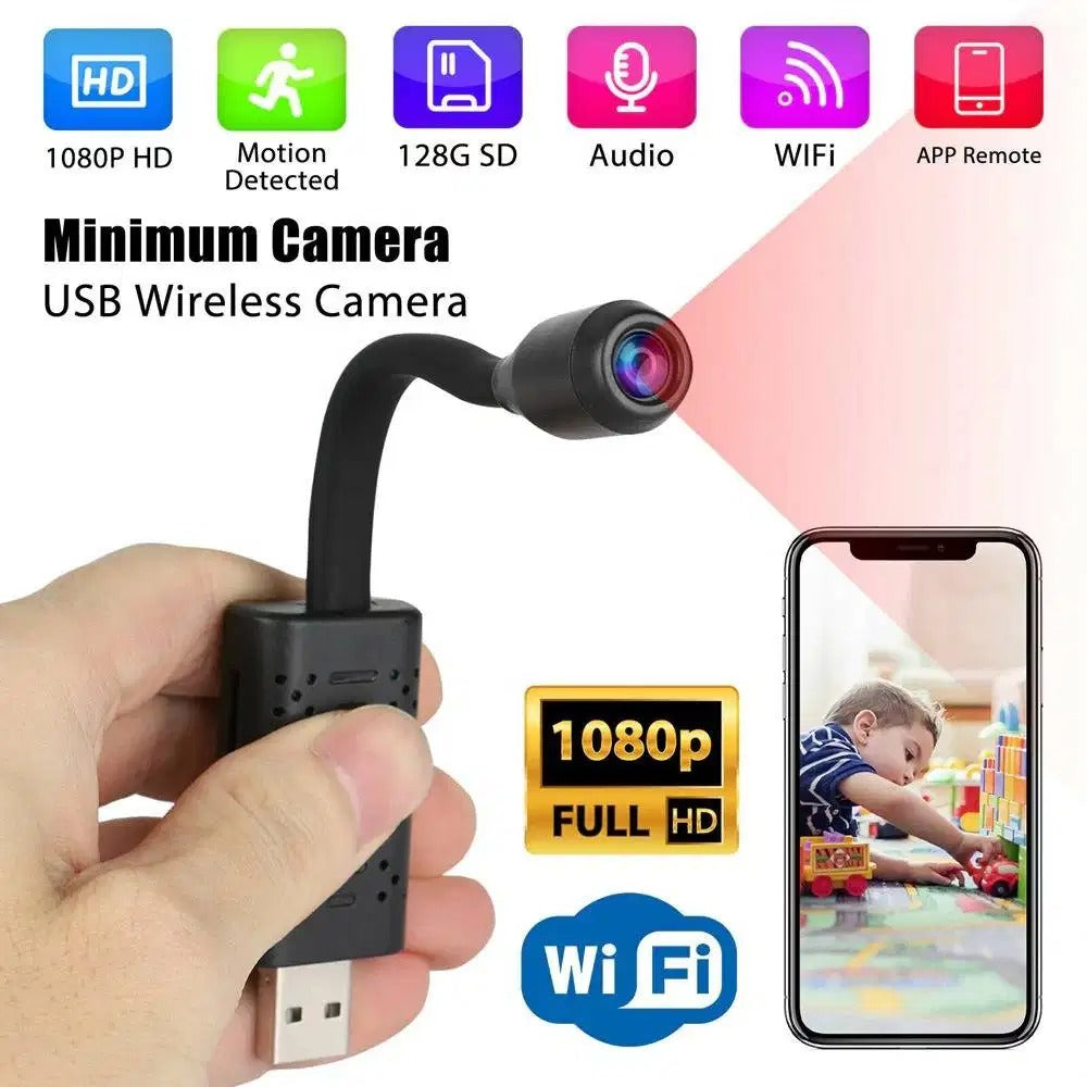 USB GNOOSE NECK WiFi CAMERA APP V380 PRO HD 1080P 2MP - shown as a black flexible camera held in a hand with a smartphone displaying a child playing.