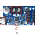 USB Port Single Double Color LED Display Controller Card HD-u6a - a blue circuit board with a power input terminal, USB port, S1 button, and HUB ports.
