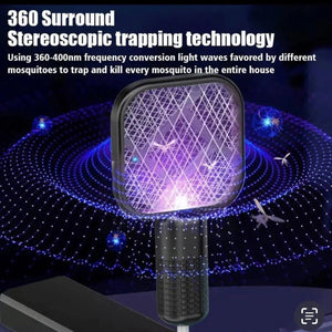 USB Powered Electric Mosquito Swatter – Rechargeable Bug Zapper Racket with LED Light price - a black square-headed racket emitting purple light with a cylindrical handle, shown against a dark background.