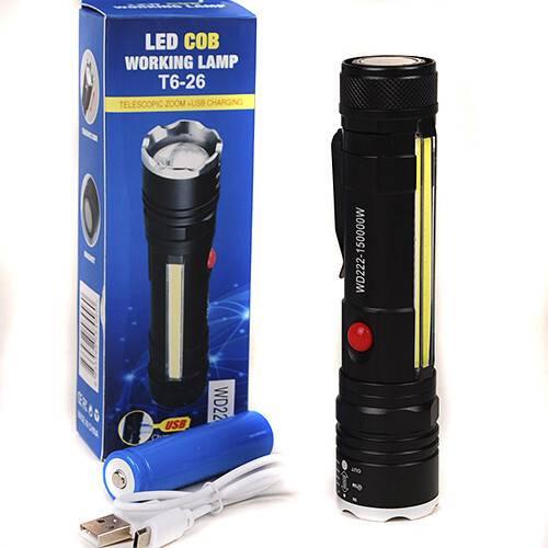 USB Rechargeable Zoomable LED Flashlight Camping Torch Lamp T6-26 USB Charge - with its blue packaging box, a blue cylindrical battery, and a white USB charging cable.