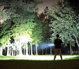 USB Rechargeable Zoomable LED Flashlight Camping Torch Lamp T6-26 USB Charge - shown being used by a person to illuminate a dark wooded area at night.