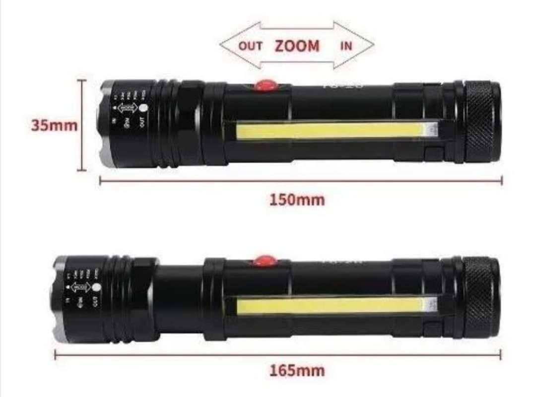 USB Rechargeable Zoomable LED Flashlight Camping Torch Lamp T6-26 USB Charge - dimensions of 150mm and 165mm with a zoom feature diagram and a red button.