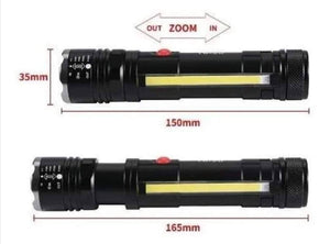 USB Rechargeable Zoomable LED Flashlight Camping Torch Lamp T6-26 USB Charge - dimensions of 150mm and 165mm with a zoom feature diagram and a red button.