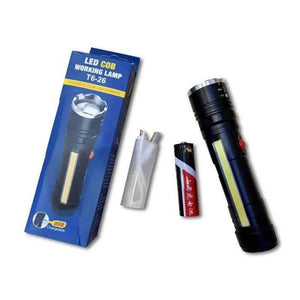 USB Rechargeable Zoomable LED Flashlight Camping Torch Lamp T6-26 USB Charge - shown with its blue retail box, a white USB charging cable, and a cylindrical battery next to the black flashlight.