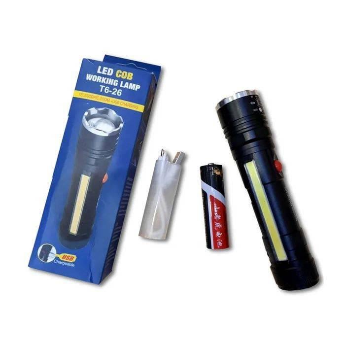 USB Rechargeable Zoomable LED Flashlight Camping Torch Lamp T6-26 USB Charge - shown with its blue retail box, a white USB charging cable, and a cylindrical battery next to the black flashlight.