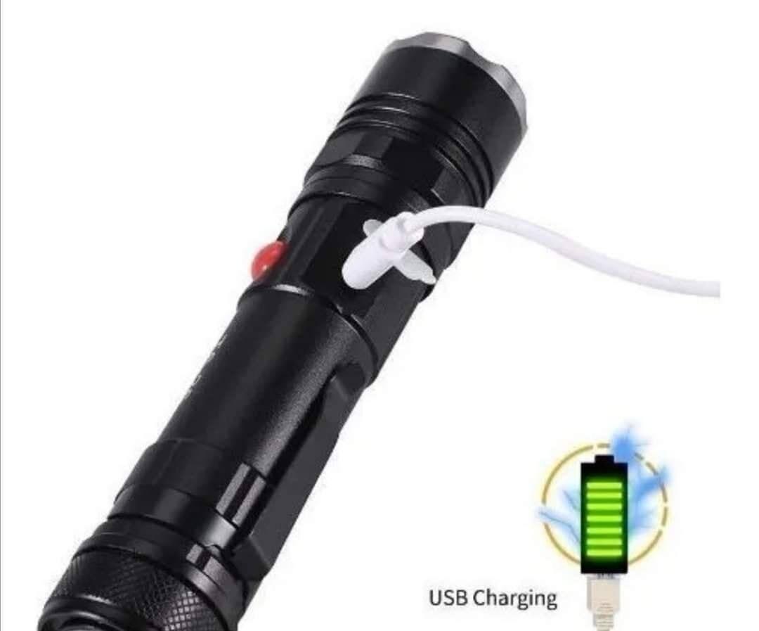 USB Rechargeable Zoomable LED Flashlight Camping Torch Lamp T6-26 USB Charge - a black flashlight being charged by a USB cable with a battery level graphic.
