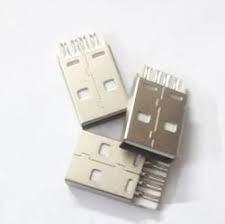 USB Socket USB 2.0 Type a Straight Pinout USB Connector - a close-up of three silver-colored metal male USB connectors stacked together.