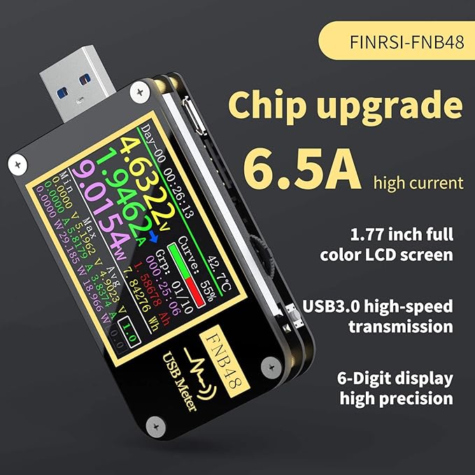 USB tester 12 in 1 FNIRSI FNB48S with color LCD display, USB Type-C and Bluetooth - a black device with a color LCD screen displaying voltage, current, power, and temperature readings.