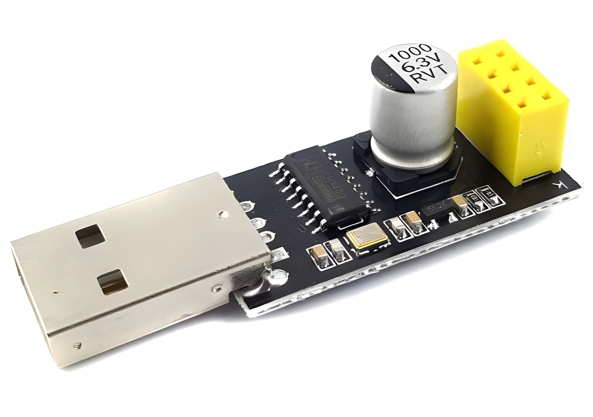 USB To ESP8266 Serial Adapter Wireless WiFi Development Board Transfer Module - a black circuit board with a USB connector, a silver capacitor, and a yellow header.