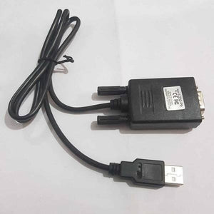 USB To RS232 DB9 Serial Adapter Converter Cable Wire - a black device with a USB connector, a DB9 serial port, and two thumb screws on a white background.