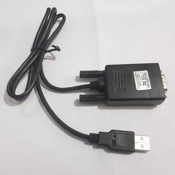 USB To RS232 DB9 Serial Adapter Converter Cable Wire - a black device with a USB connector, a DB9 serial port, and two thumb screws on a white background.