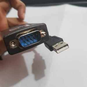 USB To RS232 DB9 Serial Adapter Converter Cable Wire - a close-up of the black DB9 male connector and the attached USB-A male connector.