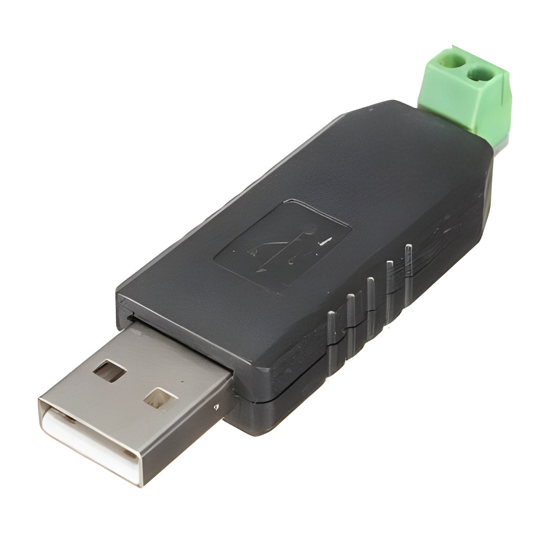 USB To RS485 Converter - a black plastic housing with a USB-A connector on one end and a green two-pin screw terminal block on the other.