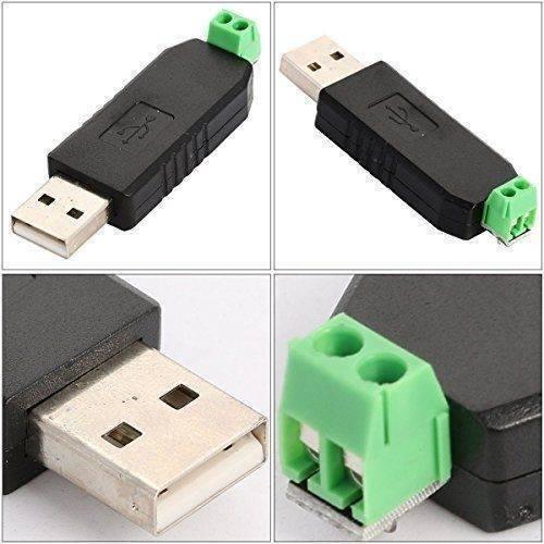 USB To RS485 Converter - shown in a four-panel composite image featuring a black USB connector body with a green two-pin screw terminal block.