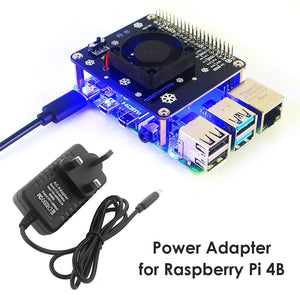 USB Type c Cable 5V 3A Power Supply Adapter Uk For Raspberry Pi 4b - a black power adapter with a UK plug connected to a Raspberry Pi 4B with a fan.