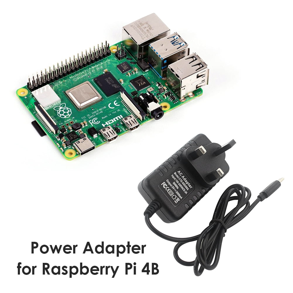 USB Type c Cable 5V 3A Power Supply Adapter Uk For Raspberry Pi 4b - a green Raspberry Pi 4B circuit board next to a black UK-plug power adapter.