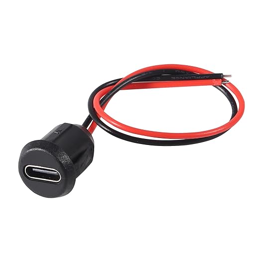 USB Type-C Connector – Female Socket, 3A Fast Charging & Data Transfer Port - a black, circular, panel-mount USB-C female port attached to a red and black two-wire power cable.