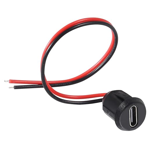 USB Type-C Connector – Female Socket, 3A Fast Charging & Data Transfer Port - a black circular female USB-C port attached to two insulated red and black wires.