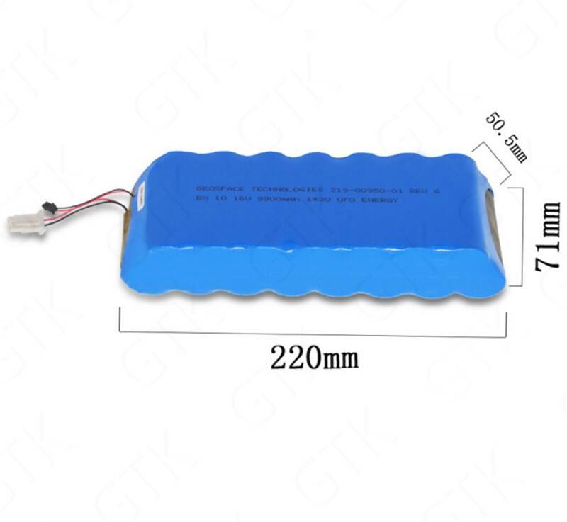 USED 16V 9900mAh LiFePO4 Battery IFR 26650 5S3P Battery For Replacement Lead Acid Battery Flood Hernia LED Lamp golf cart - a blue rectangular battery pack with dimensions 220mm by 71mm by 50.5mm, featuring a white connector with red and black wires.