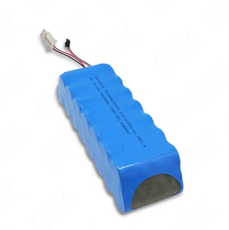 USED 16V 9900mAh LiFePO4 Battery IFR 26650 5S3P Battery For Replacement Lead Acid Battery Flood Hernia LED Lamp golf cart - a blue, cylindrical-cell battery pack with two attached wire connectors.