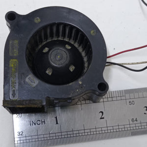 Used ≈2 Inch 24V Turbo Blower Fan Cooling Fan - a black plastic centrifugal cooling fan shown next to a metal ruler for scale.