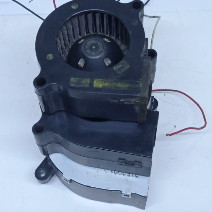 Used ≈2 Inch 24V Turbo Blower Fan Cooling Fan - a black plastic centrifugal cooling fan with attached red and black wires on a white surface.