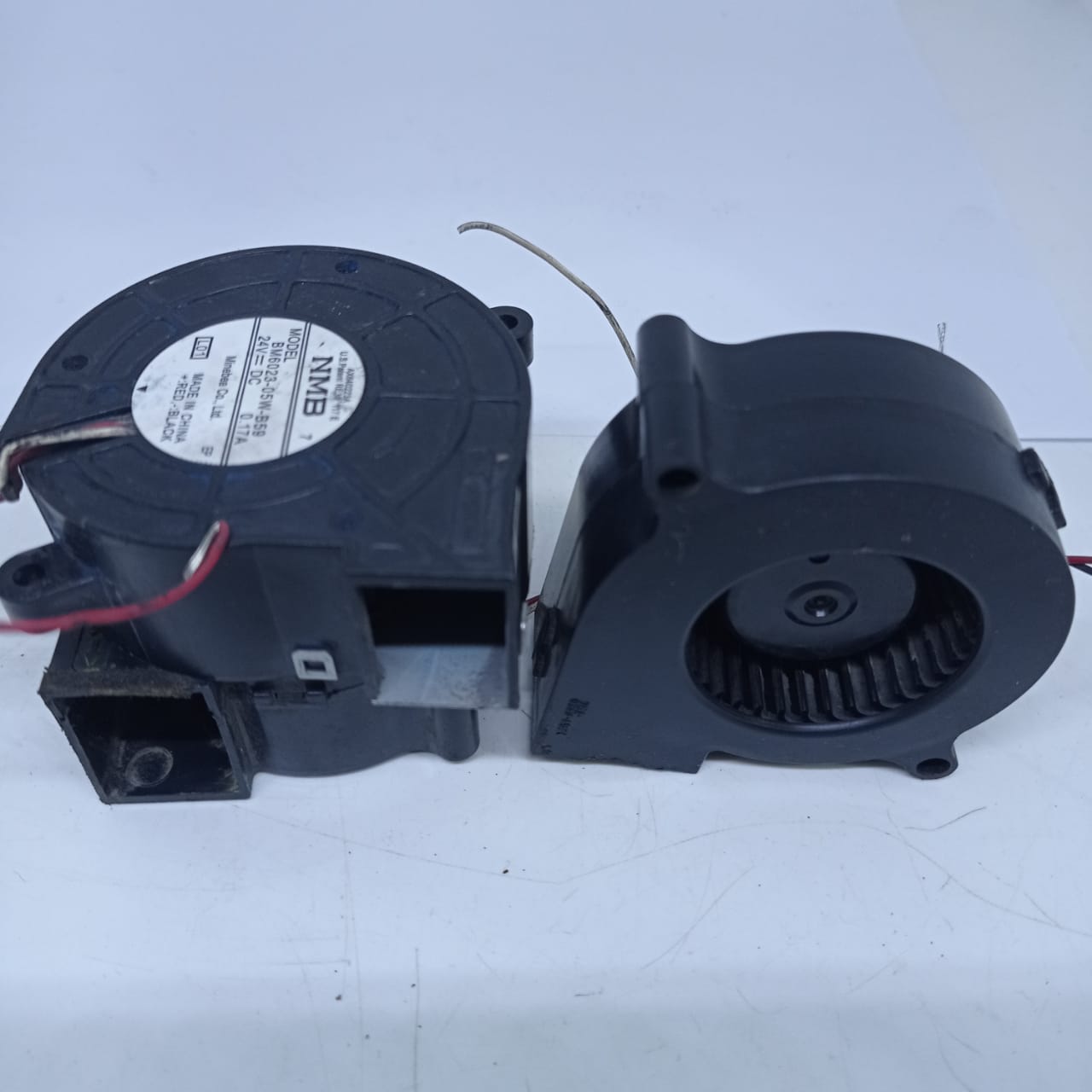 Used ≈2 Inch 24V Turbo Blower Fan Cooling Fan - two black plastic centrifugal cooling fans with visible labels and red and black wire leads.