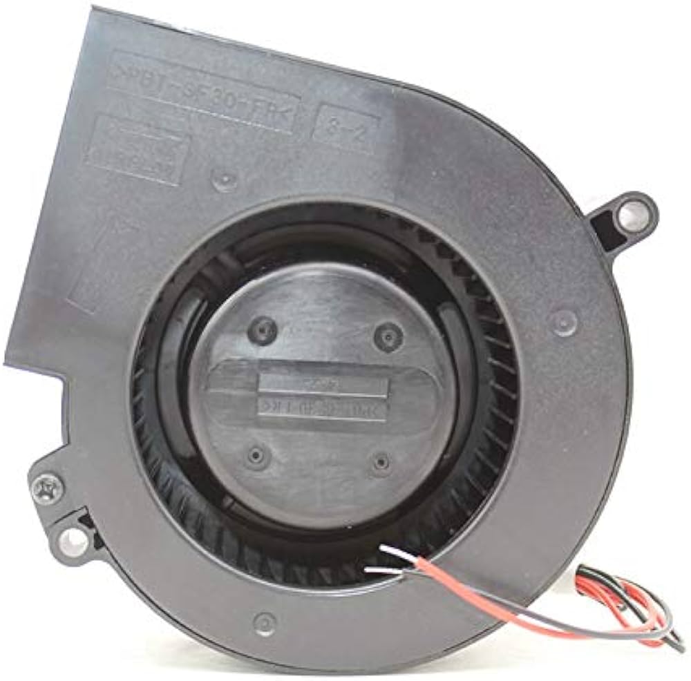 Used 24V 95MMX95MMX33MM 24V Turbo Blower Fan Cooling Fan - a black plastic centrifugal blower fan with a red and black wire connector.