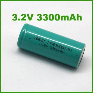 USED 26650 3.2V 3300mAh LiFePO4 Cylindrical Li-ion Batteries - a single green cylindrical lithium-ion cell with 26650, 3.2V, and 3300mAh printed on its side.