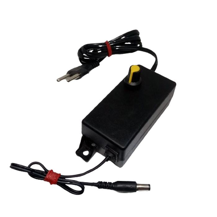 Used 3V-12V 2A Voltage Adjustable Switch Power Adapter 24W Adjustable Temperature Dimming Regulating Power Supply - a black rectangular power supply unit with a yellow-topped rotary knob, an input plug, and an output jack.
