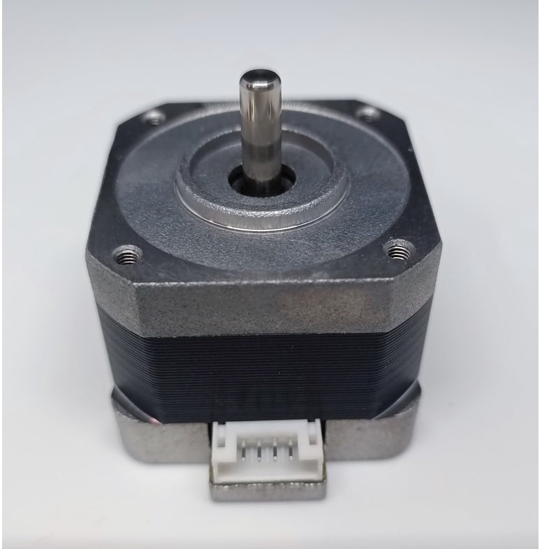 Used 4 Wire NEMA 17 5mm Shaft Bipolar Stepper Motors - a silver metal shaft, a square black body, and a white four-pin electrical connector.