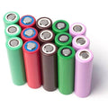 Used 500mAh 3.7V 18650 Lithium Ion Cell Li-ion Battery For Robotics - shown as a collection of fifteen cylindrical batteries in green, red, brown, and pink.