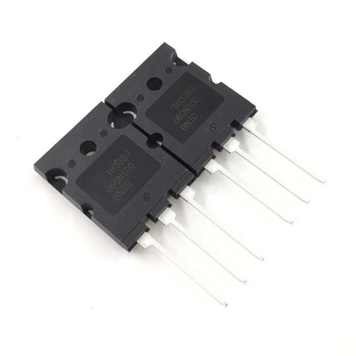 Used 600V 100A G60N100 Insulated-gate bipolar transistor - two black, rectangular electronic components with three metal pins each on a white background.