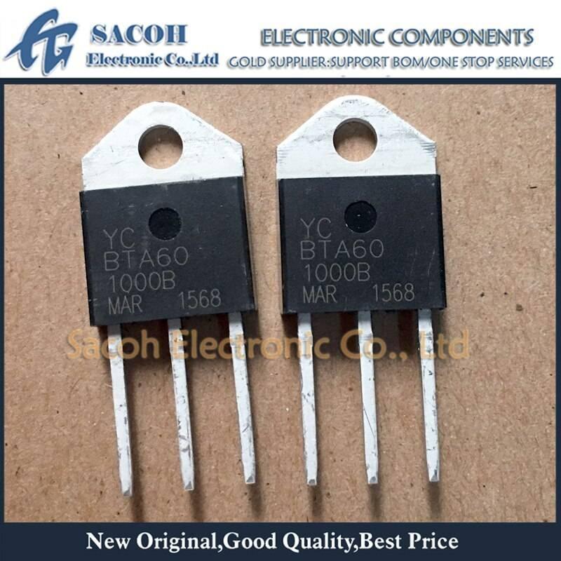 Used BTA60-1000B TRIAC Thyristor - two black, three-pin electronic components with metal mounting tabs and printed text labels on a brown background.