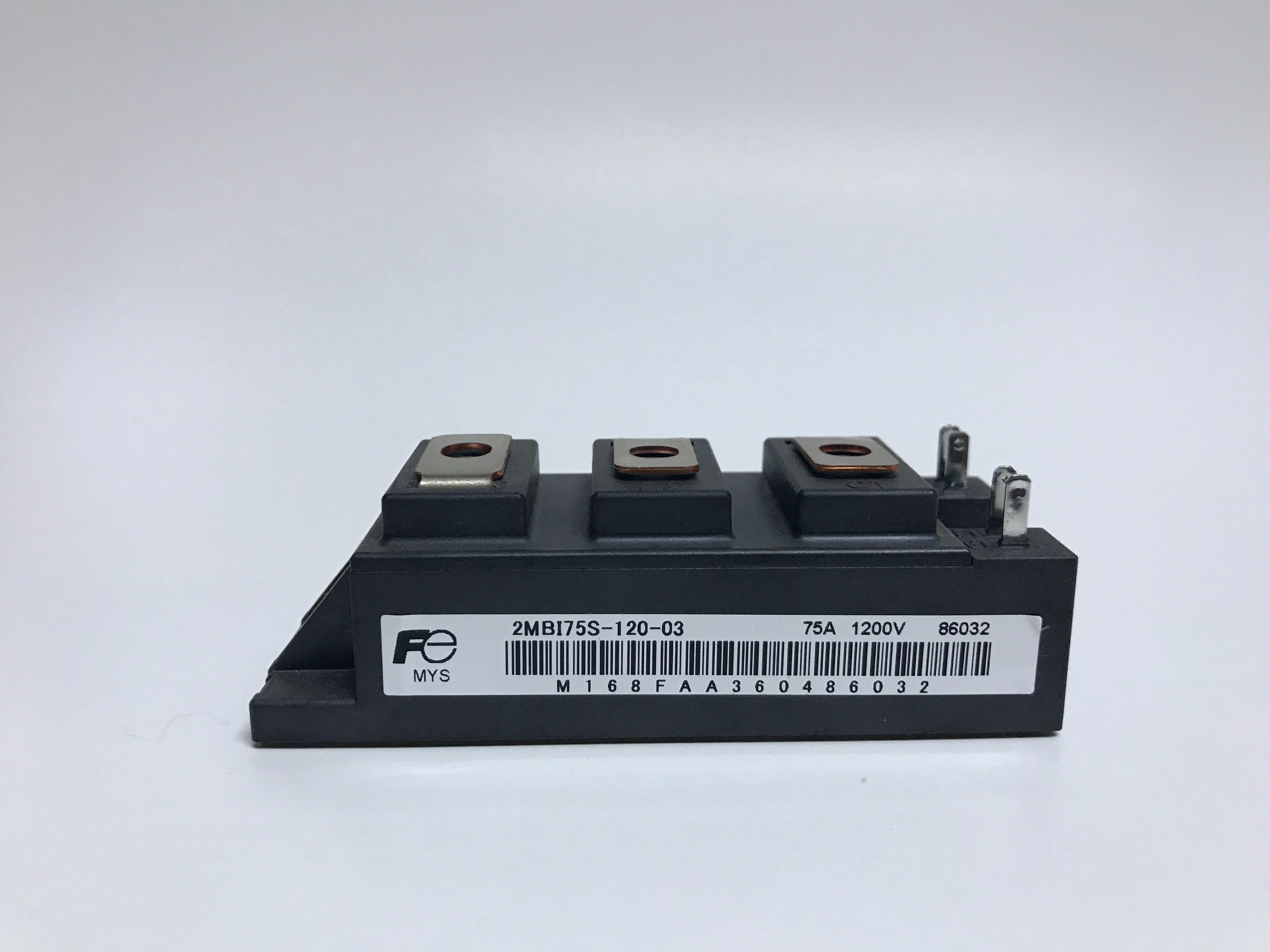 Used condition 2MBI75S-120-03 IGBT Module 75A 1200V | High-Power Switching | Digilog.pk - a black rectangular high-power switching component with three top metal terminals and two small side pins on a white background.