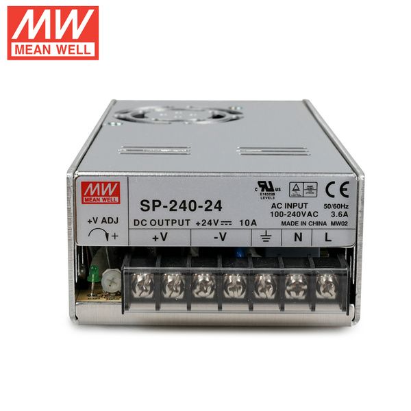 Used condition MeanWell - Enclosed Switching Power Supply with Active PFC SP-240-24 - 240W 24V 10A - a silver metal casing, a top cooling fan, and a front terminal block with screw connectors.