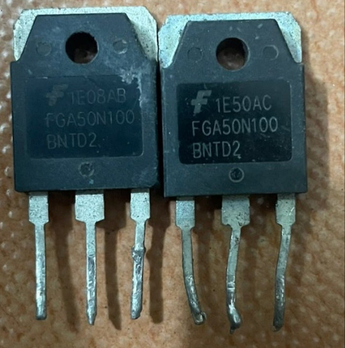 Used FGA50N100BNTD2 – 1000 V, 50 A NPT Trench IGBT with Built-in Fast Diode, TO‑3P Package-Digilog.pk - two black TO-3P package IGBTs with three metal pins each, showing top-side markings including the model number and manufacturer logo.