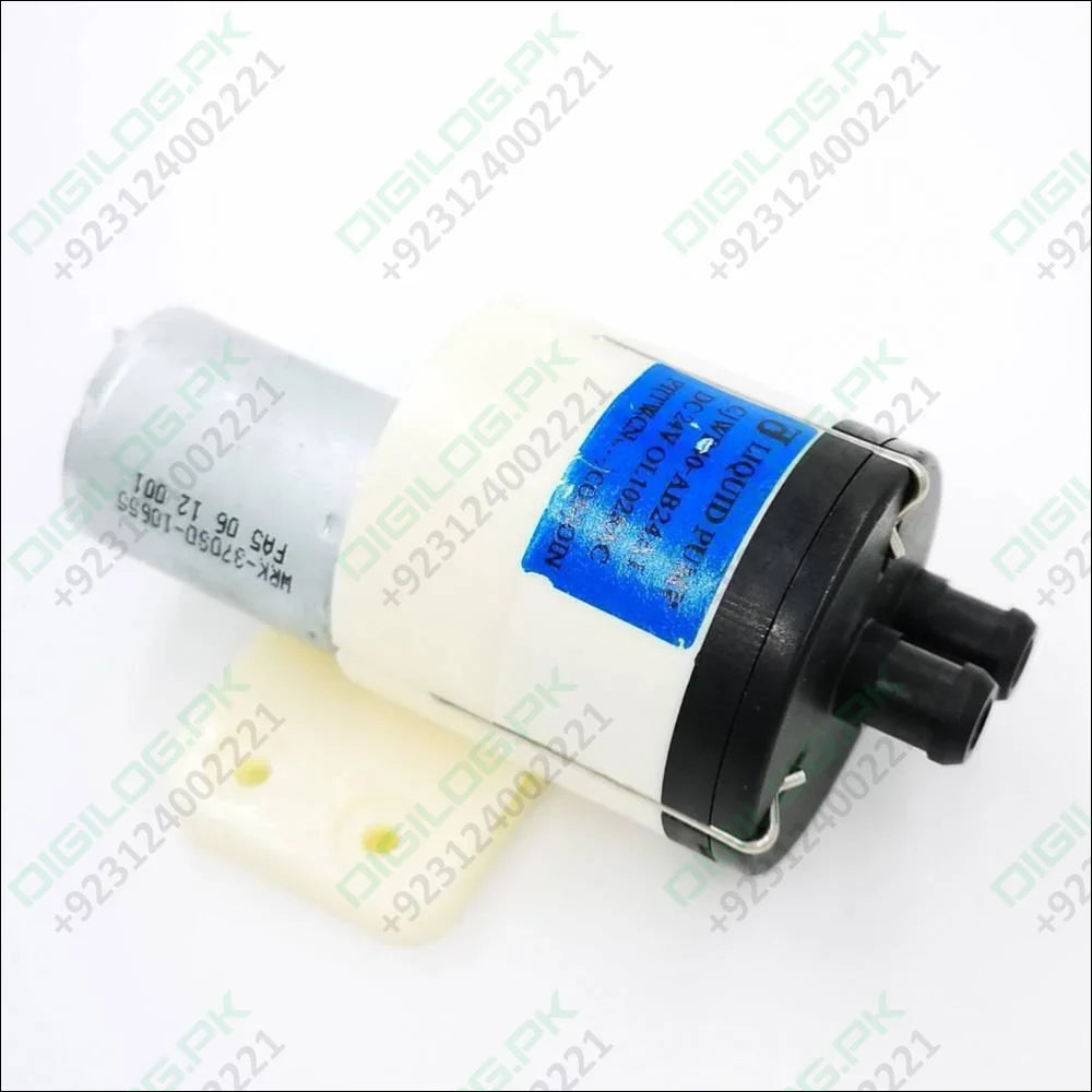 Used High Pressure Liquid Water Pump 370 DC 12V-24V - a cylindrical white and black motor pump with two black plastic nozzles on the front.