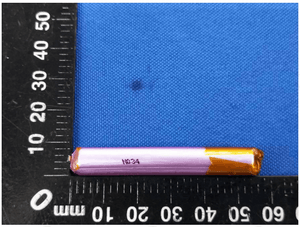 Used High Quality 3.7V 280mAh Battery - a thin, cylindrical, pink and gold-taped battery placed against a millimeter ruler for scale.
