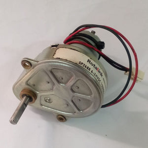 Used High Torque Gearbox Motor SP2688 Xerox 5855 Web Supply Motor - a silver metal geared motor with a protruding shaft and red and black wires with a white plastic connector.
