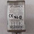 USED Kuhnke relays UF3B-24VDC N 24V - Kuhnke UF3-230VAC N relay, a rectangular grey electronic component with a clear plastic casing showing technical specifications and a wiring diagram.