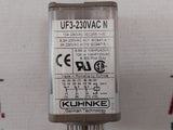 USED Kuhnke relays UF3B-24VDC N 24V - Kuhnke UF3-230VAC N relay, a rectangular grey electronic component with a clear plastic casing showing technical specifications and a wiring diagram.