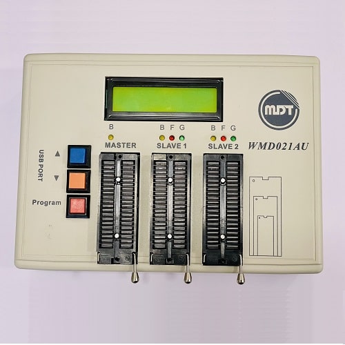 Used MDT WMD021AU Writer – Microcontroller Programmer, USB Interface, Chip Burning Tool - a beige, rectangular microcontroller programmer with an LCD screen, three ZIF sockets, status LEDs, and three control buttons.