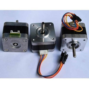 USED Minebea NEMA 17 Stepper Motor For 3d Printer & CNC - three silver and black square motors with metal shafts and attached multi-colored wire connectors.