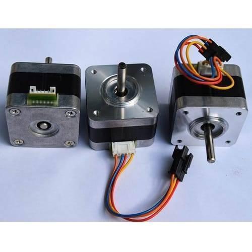 USED Minebea NEMA 17 Stepper Motor For 3d Printer & CNC - three silver and black square motors with metal shafts and attached multi-colored wire connectors.