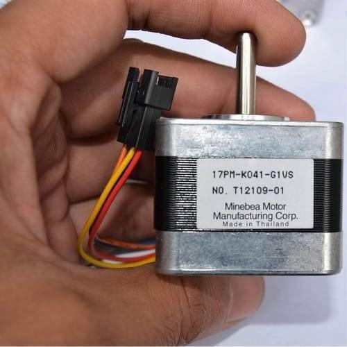 USED Minebea NEMA 17 Stepper Motor For 3d Printer & CNC - the silver metal body, a shaft, and a black electrical connector with red and yellow wires.