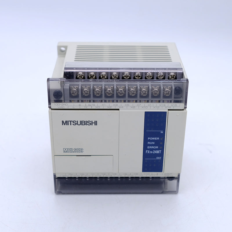 Used Mitsubishi PLC Fx1n-14MR-ES/UL - a beige rectangular industrial controller featuring a top terminal block, front status LEDs, and a Mitsubishi Melsec logo.