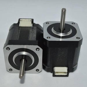 Used NEMA 17 4.2 Kg-cm Stepper Motor For CNC And 3d Printer - two black and silver square stepper motors with protruding shafts and white electrical connectors.