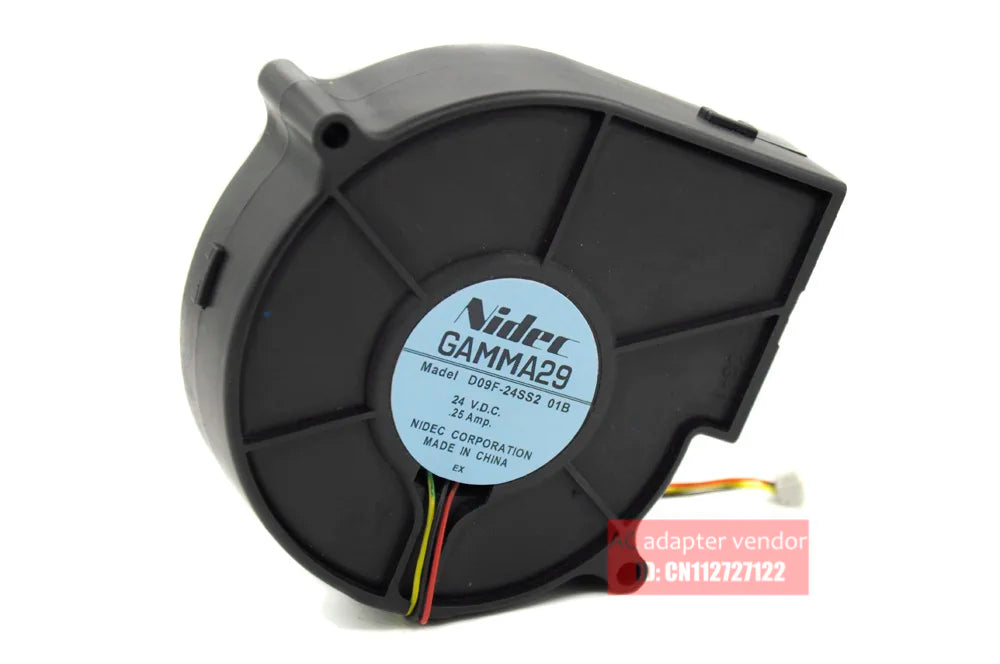 Used Nidec D09F-24SS2 01B 9cm 9733 24V 0.25A Turbo Blower Fan - a black plastic centrifugal fan with a blue label showing specifications and a three-wire connector.